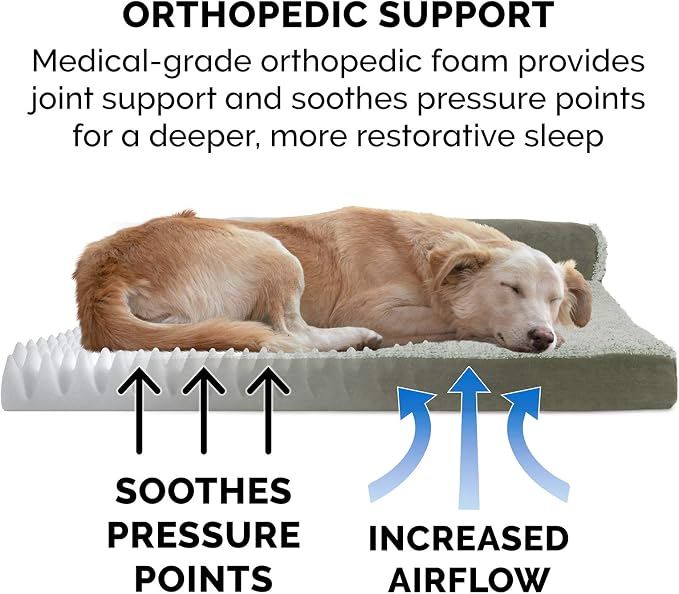 Furhaven Orthopedic Dog Bed for Large/Medium Dogs w/ Removable Bolsters & Washable Cover, For Dogs Up to 55 lbs - Two-Tone Plush Faux Fur & Suede L Shaped Chaise - Dark Sage, Large