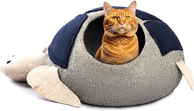 Luxurious Merino Wool Cat Cave - Foldable Hideaway Pod for Indoor Cats - Premium Felt Kitten Pet Enclosure - Covered Cat House for Ultimate Cozy Comfort by Woolygon (Turtle)