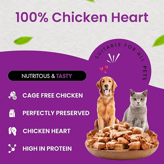 Chicken Hearts for Dogs | Cat Treats Freeze Dried, 100% Human Grade, Single Ingredient | High Protein Cat & Dog Food Toppers | No additives or Preservatives | Inspected & Tested in USA | 2.6 oz.