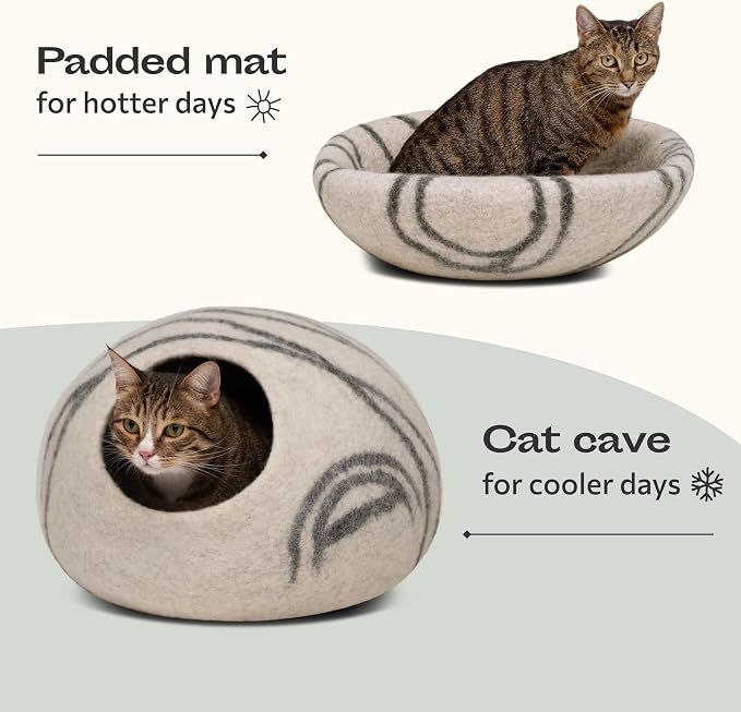 Cat Cave – Premium Felt Cat Bed for Indoor Cats, Handmade 100% Merino Wool (Light Grey, Medium) (Pack of 2)