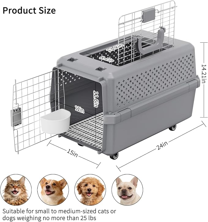 RIZZARI Large Pet Carrier with Wheels, Hard-Sided Rolling Dog and Cat Carrier Up to 25 Lbs, Top Access Travel Crate with Pull Strap, Metal Wire Door, Elevated Floor, Feeding Bowl and Ventilated Design