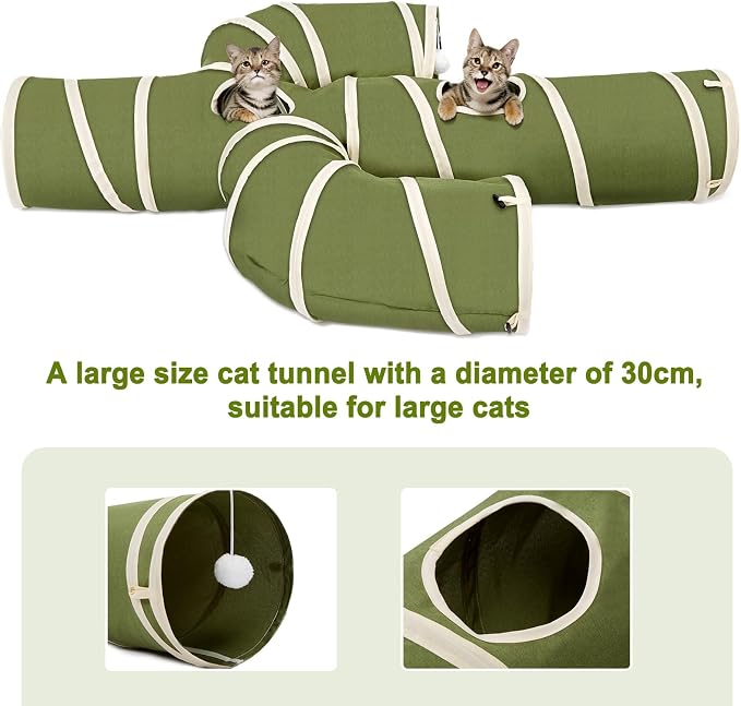 Ownpets Cactus Cat Tunnel 10" with Peek Holes for Indoor Large Cat, Green | Durable Oxford fabric, noise-free, foldable & connectable, multi-cat friendly, tube for cats up to 20lb, includes ball & wand