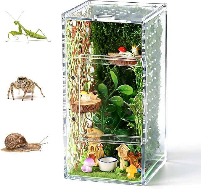 Jumping Spider Enclosure Kit, Small Acrylic Reptile Terrarium with Magnetic Door, Bug Habitat with 30 Pcs Jumping Spider Accessories for Tarantula, Mantis, Small Reptiles, 4" x 4" x 8"