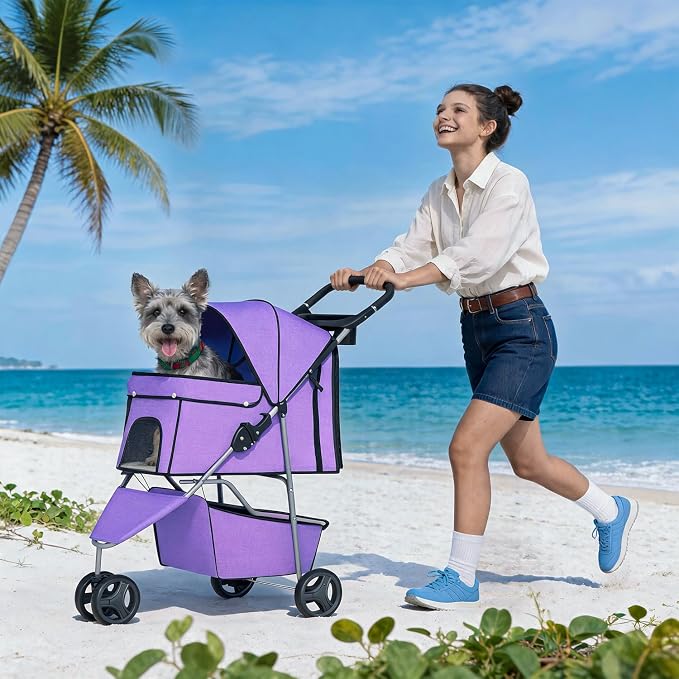 BestPet | 3-Wheel Pet Stroller | Purple | Foldable Dog and Cat Stroller | Breathable Mesh | Lightweight, Waterproof Travel Carrier with Cup Holder & Storage Basket | for Daily Walks & Outdoor Use