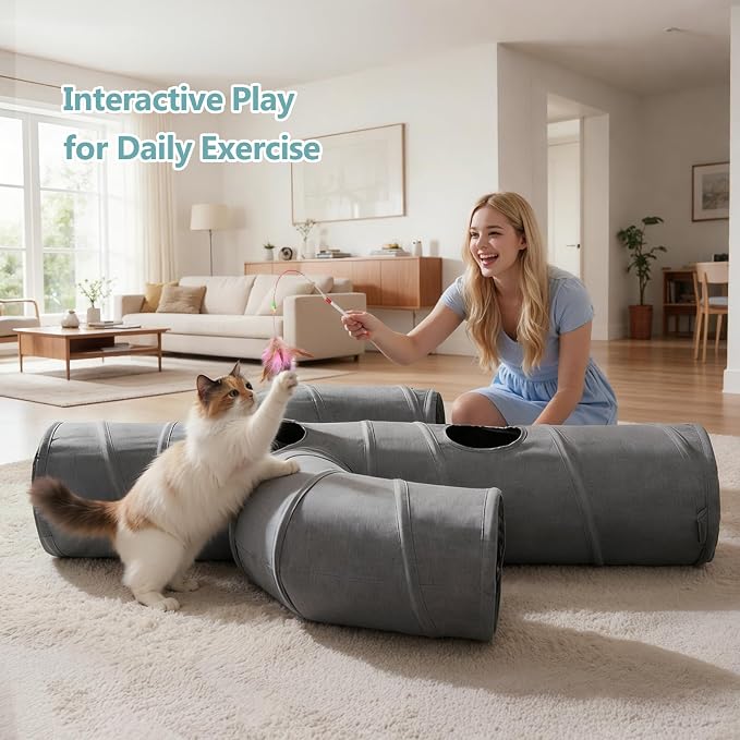 Ownpets Cactus Cat Tunnel 12" with Peek Holes for Indoor Large Cat, Grey | Durable Oxford fabric, noise-free, foldable & connectable, multi-cat friendly, tube for cats up to 20lb, includes ball & wand
