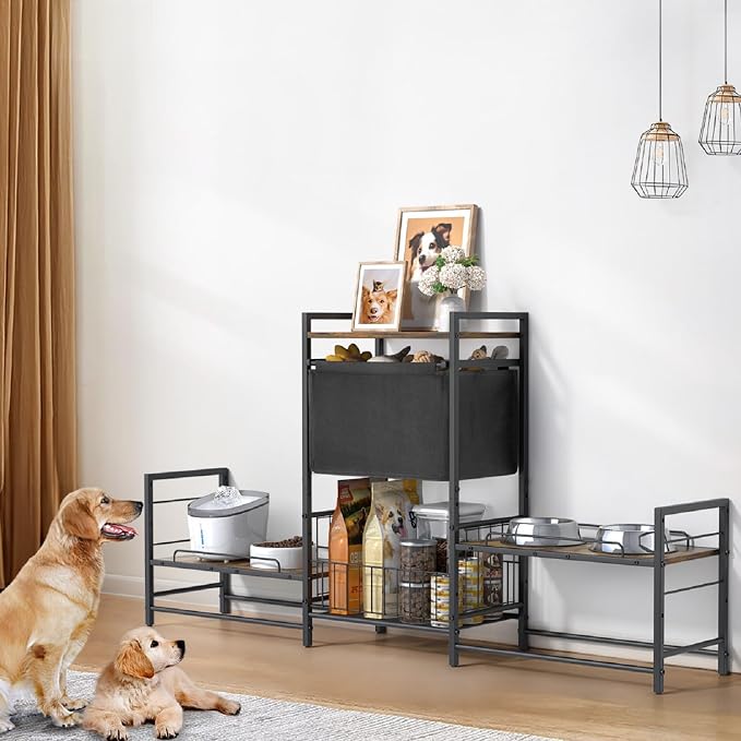 Lomivra Dog Feeding Station with 2 Elevated Bowl Stands & Large Storage | For 2-3 Dogs, 4 Adjustable Bowl Heights, Fit Large Medium Small Dogs, Fit All Bowl Types, Pull-Out Toy Bin, Dog Food Storage