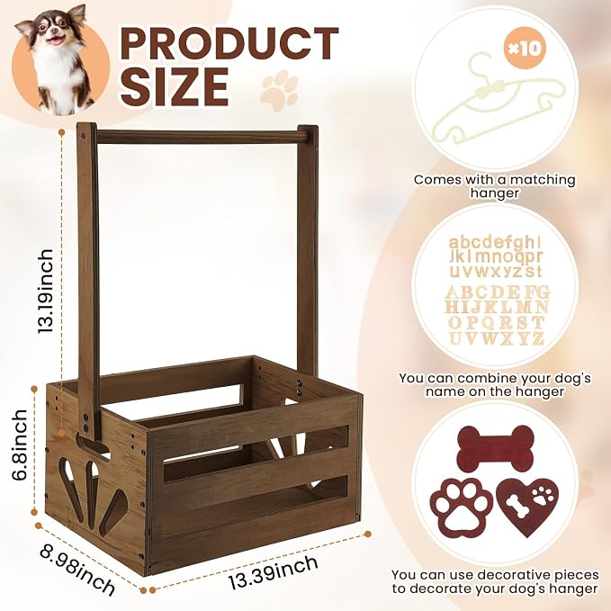 Teenyyou 20 x 13 x 9 Wooden Dog Closet Pet Wardrobe Crate Box with Hanging Rods and Personalized Alphabet Letters Easy Assembly Baskets for Dog Cat Toys Clothes Accessories(Dark Walnut)