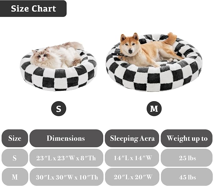 Ohocut Checkered Dog Bed, Cute Black White Retro Style Aesthetic Round Warming Pet Calming Beds for Small Dog and Cats, Plush Cozy Donut Dog Beds Washable, 30" L x 30" W x 8" Th
