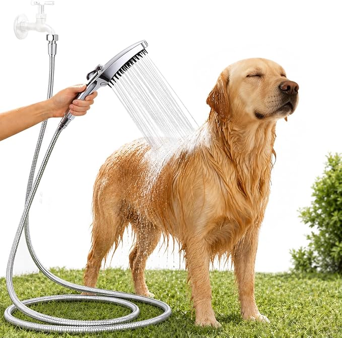G-Promise 3 Mode Dog Wash Shower Attachment with Pause Mode for Outdoor Use | High Pressure, with Pause Mode, Built-In Brush for Wash & Groom, Extra Long Hose, Easy Install