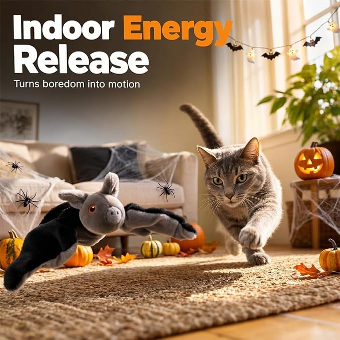 Flying Bat Dog Toy, Flapping Wings Interactive Chirping Pet Teaser, Remote Control Rechargeable Halloween Bat Toy with Catnip Filling, Electric Simulation Flying Motion Toy for Cats Dogs，2pcs
