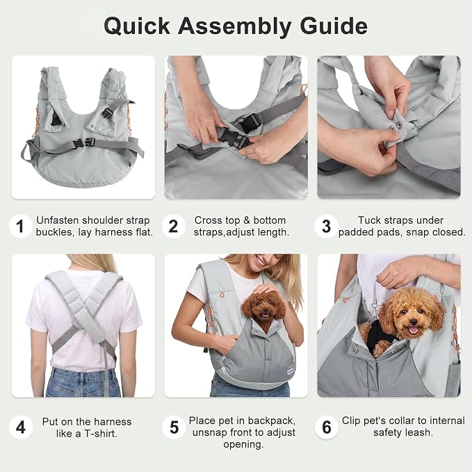 FURTIME Dog Sling Carrier, Puppy Sling for Small Dogs Up to 16 lbs | 2-in-1 Backpack and Shoulder Bag, Hands-Free Pet Carrier with Safety Tether & Adjustable Strap for Outdoors, Grey