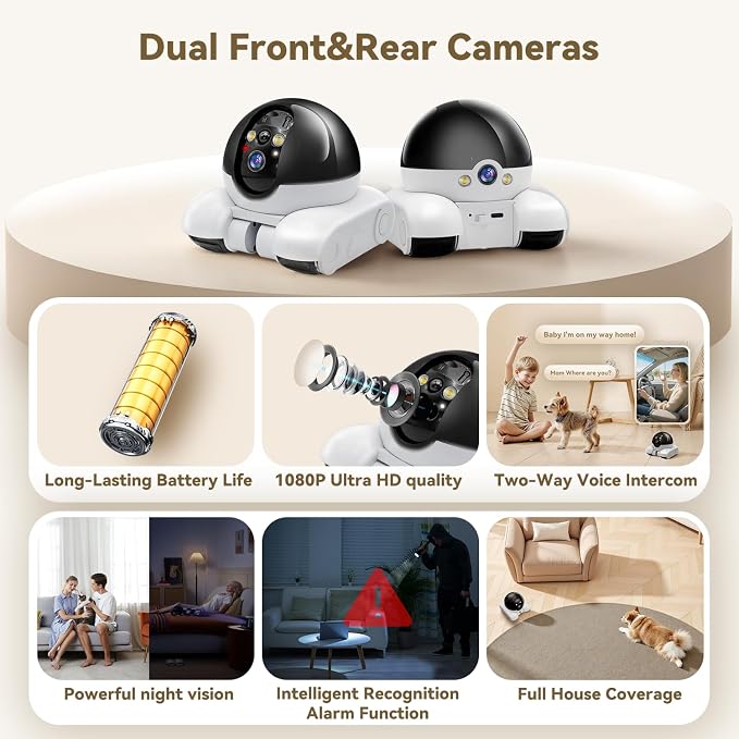 AEZ Robot Camera on Wheels 1080P Dual Lens,Indoor Movable Security Camera with 2-Way Talk,Blinky Bot with Night Vision,Distance Bot App Control for Cats/Dogs/Baby/Elderly (SD/Cloud Storage)