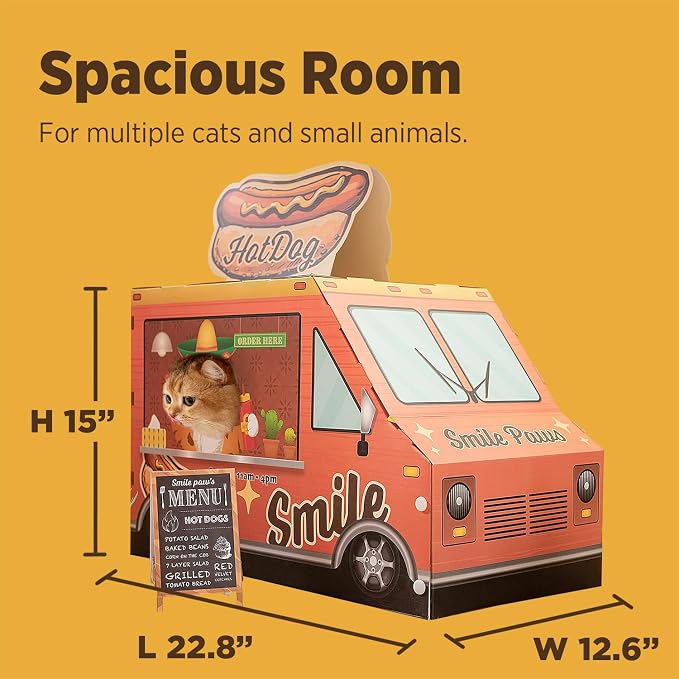 Cat Beds for Indoor Cats, Cardboard Cat House with Scratchers, Hot Dog Truck, Large Sturdy Cat Furniture Condo Cave Tent, Easy to Assemble Pet Toys Accessories Stuffs, Bunny Small Animals