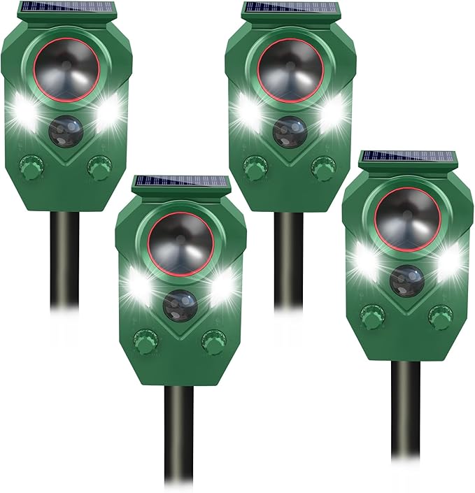 Solar Ultrasonic Animal Repellent,Cat Dog Repellent Outdoor,Solar Animal Repeller with Motion Sensor,Waterproof Rabbit Repeller with Flahing Light for Yard Skunks,Raccoon Birds Squirrels Deer-4 Pack