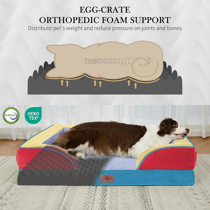 Comfort Expression Orthopedic Dog Bed for Extra Large Dogs with Bolster | Waterproof Dog Couch Bed with Washable Cover & Non-Slip Bottom, Supportive Egg Crate Foam XL Pet Bed, 45x35 Inch