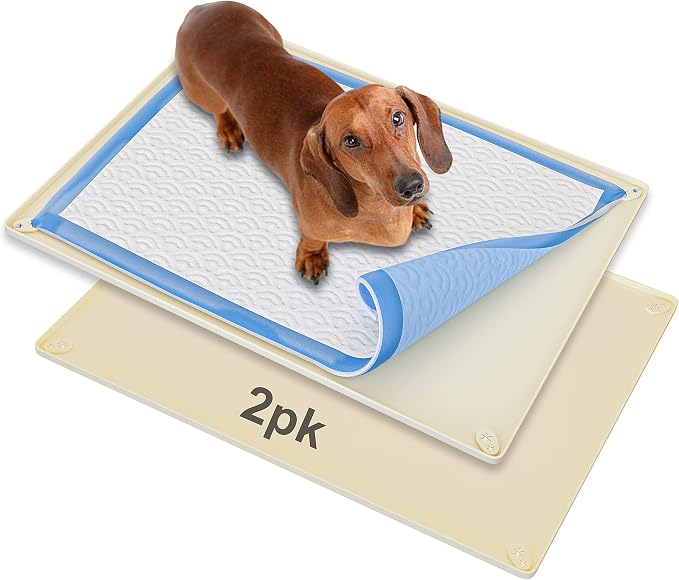 Dog Pee Pad Holder Tray Fits for 30” x 23” Pee Pads - 2 Pack - Beige | Corner Lock Holes, Raised Edges, Non-Spill, Easy to Clean Silicone Dog Potty Tray Holder, For Indoor Floor Protection