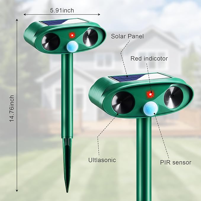 4 Pack Solar Animal Repellent Outdoor -Ultrasonic Deer Repeller with Motion Sensor & USB Charging,Weatherproof Deterrent for Yard Garden -Deter Cats,Squirrels,Raccoons,Rabbits,Skunts