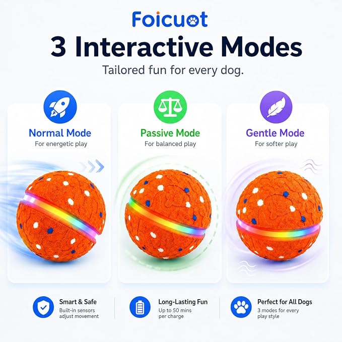 Interactive Dog Ball Toy[Newly Upgraded], Durable E-TPU Material, 3 Play Modes with Colorful Lights, E-TPU USB-C Rechargeable, IPX7 Waterproof Rating for Puppy, Medium and Large Dogs