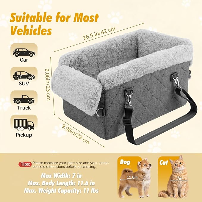 Center Console Dog Car Seat for Small Dogs&Cats Under 12 LBS | Puppy Car Seats with Non-Slip&Strong Support, Anti-Collapse Portable Pet Bed for Puppies with Soft Cushion Safety Belt, Gray