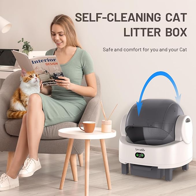 Automatic Litter Box, Open Top Large Self Cleaning Cat Litter Box for Multiple Cats, with APP Control/Multiple Safety Sensors/Trash Bag/Litter Mat, Cat Box Automatic Cleaning White