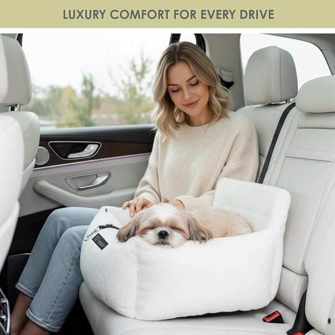 NANDOG Luxury Dog Car Seat Bed for Medium Dogs, Cloud Ultra Plush Pet Seat with Removable & Washable Cushion Insert, Thick Safety Seatbelt Straps, Secure Travel Carrier, Pearl White, 22" L x 18" W