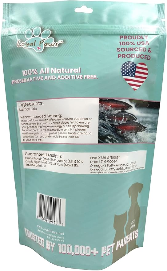 Wild Salmon Skin Dog Treats, USA Made, Freeze-Dried, Heart Health Support, Natural Omega-3, Preservative Free, 4 oz