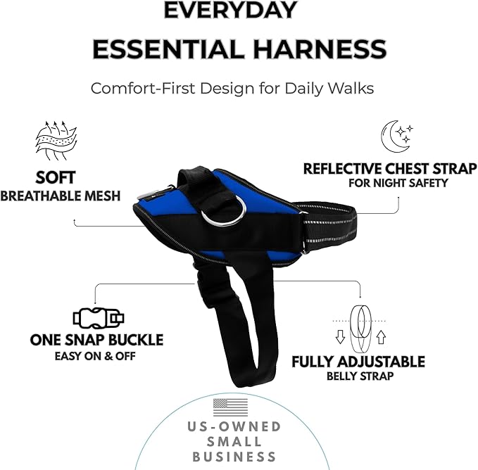 ShawnCo Essential Dog Harness, No-Pull Pet Vest (Electric Blue,S) | 3 Leash Clips, Easy On, No-Choke, Reflective, Adjustable Fit, Padded Comfort, Control Handle, For Small, Medium & Large Dogs