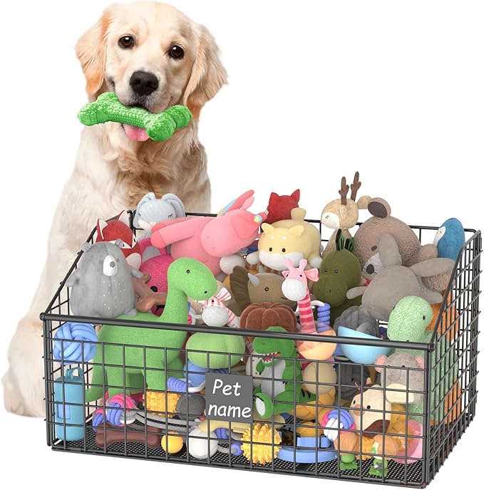 Kaiferty Indestructible Dog Toy basket, Large Toy Bin for Dogs,Pet Toy Bin Dog Metal Basket Organizer Storage for Toys Food Storage (Black)