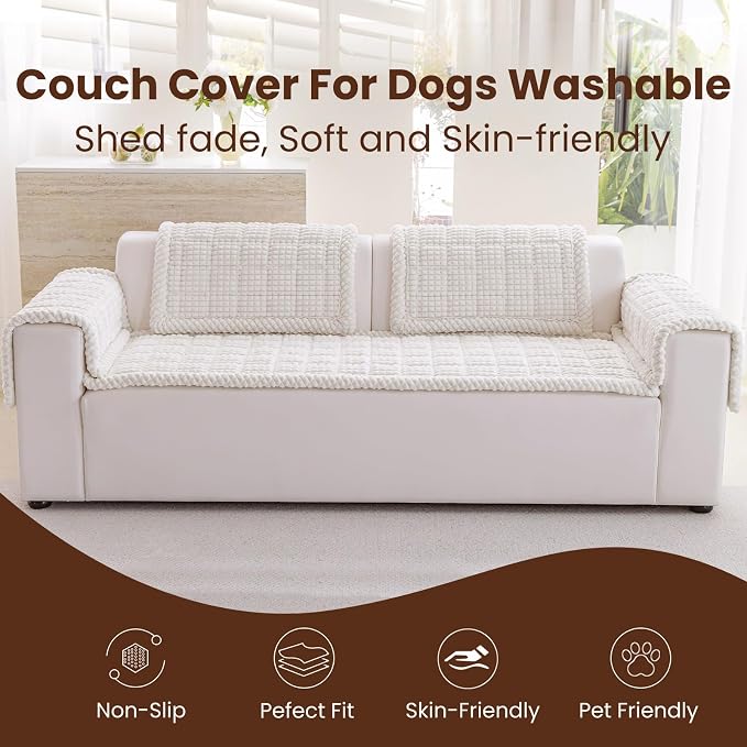 Couch Cover for Dogs Washable, Non-Slip Pet Couch Covers for Sofa, Fuzzy Dog Couch Cover Blanket, Thick, Soft, Plush Couch Cushion Covers for Sofa Protector (White, 27.6" x 27.6"/70 x 70cm)