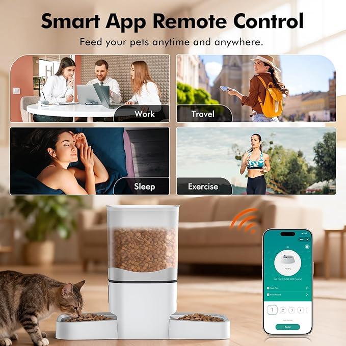 Automatic Cat Feeder 2 Cats, 6L Automatic Cat Food Dispenser with 2 Stainless Steel Bowls, Timed Dry Food Dispenser with APP Control for Cats and Dogs, Dual Power Supply, 10s Voice Recorder