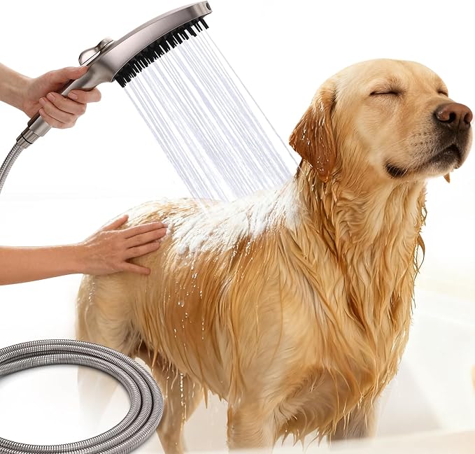 G-Promise 3 Mode Dog Shower Attachment with Pause Mode | High Pressure, Built-In Brush for Wash & Groom, Extra Long Hose, Easy Install, for Indoor & Outdoor Use