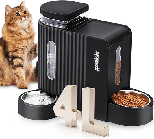 Distributeur automatique de nourriture et d'eau pour chats avec gamelles en acier inoxydable 304, distributeur automatique 2 en 1 avec gamelle d'eau rotative à 180 degrés, grande capacité pour chiots, chatons, lapins, noir