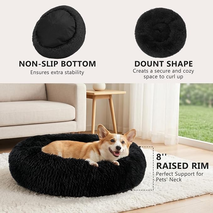 MIXJOY Orthopedic Dog Bed Comfortable Donut Cuddler Round Pet Beds Ultra Soft Washable Dog and Cat Cushion (20''/23''/30'') (30'', Black)