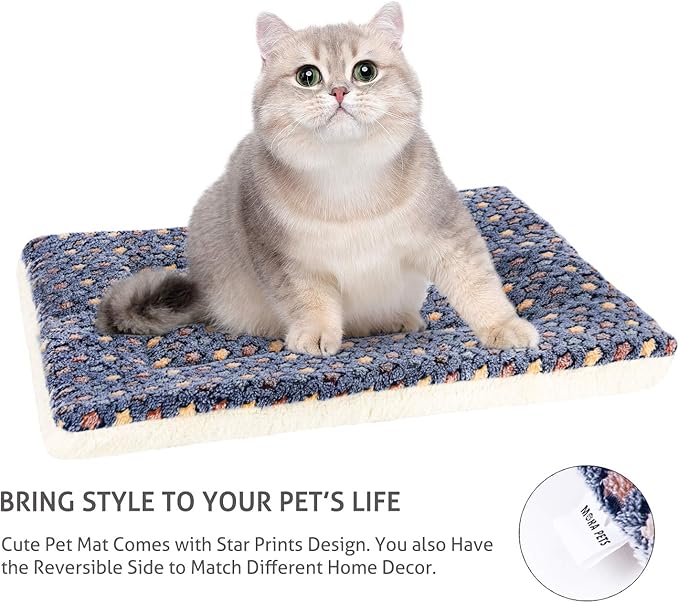 Mora Pets Cat Bed Ultra Soft Dog Crate Pad Star Print 14 x 17.5 inch Blue | Washable Crate Mat for Small Dogs and Indoor Cats, Reversible Fleece Dog Kennel Pad, Flat Pet Bed, Cat Carrier Mat