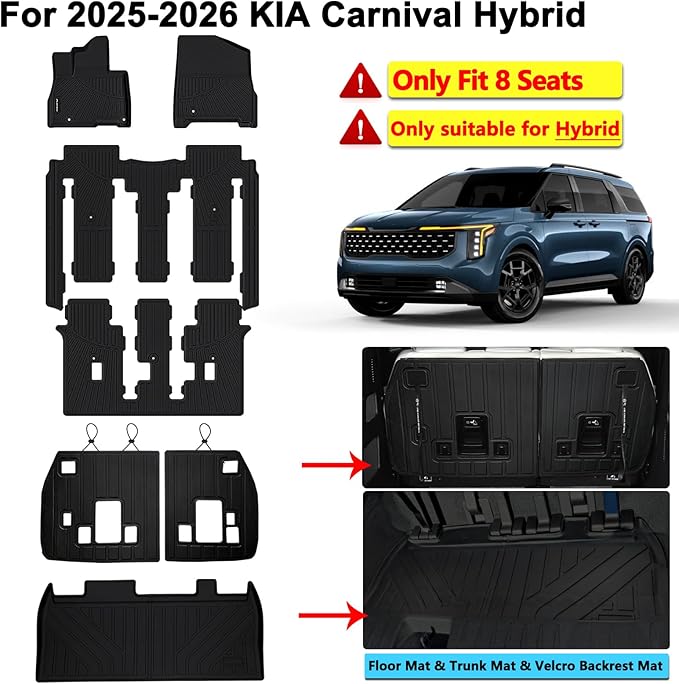 Floor Mats for 2025 2026 KIA Carnival Hybrid 8 Seats (Not for Fuel & Prestige) & Cargo Mat & Backrest Mat,TPE All Weather Protection Full Set Liner Covering The Backrest Accessories