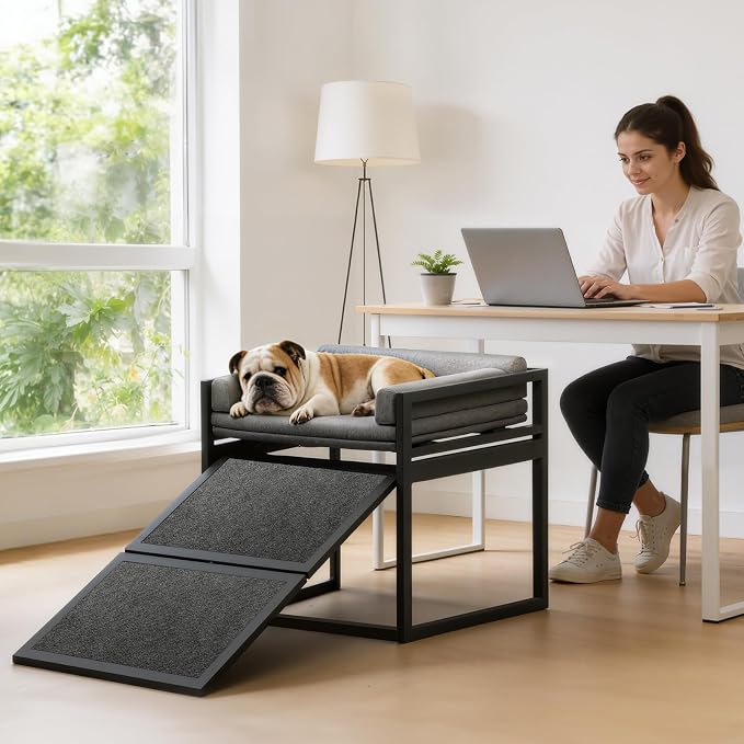 Non Slip Dog Ramp with Seat Extra Wide Seat Doggie Mate Stairs Grey | Metal Frame Puppy Chair for High Bed Couch Office,Dachshunds Ladder,Washable Cushion Pet Step for Small Old Pets,Cat Ladder