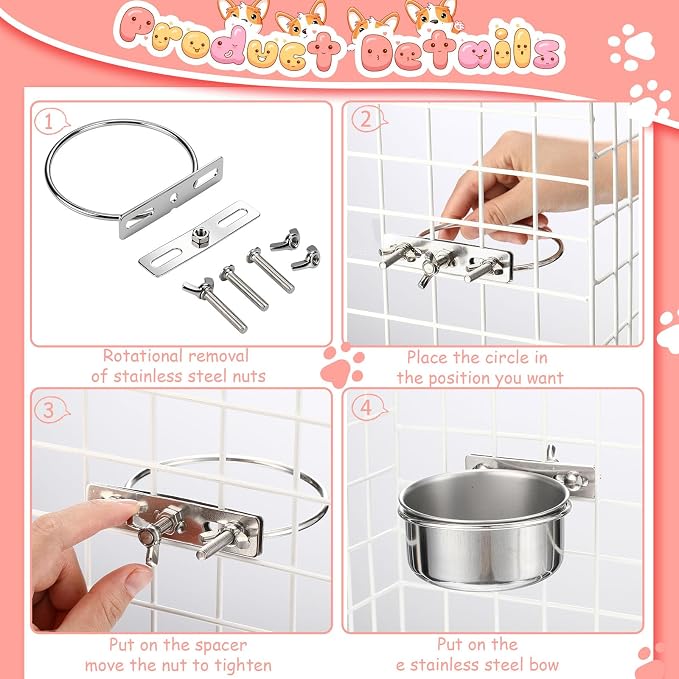 Silkfly 14 Pack Stainless Steel Hanging Dog Crate Bowls, Non-Spill Kennel Food & Water Bowls with Screw Clamp Holders, Removable, Easy to Clean Metal Cage Feeder for Pets(29 oz)