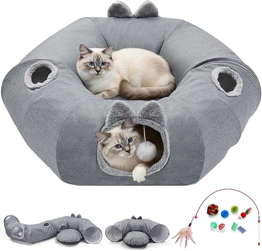 Linen Cat Tunnels with Central Cat Bed, Interactive Cat Toys Detachable Washable Soft Mat Large Indoor Play Tunnel Cave for Kittens and Small Animals