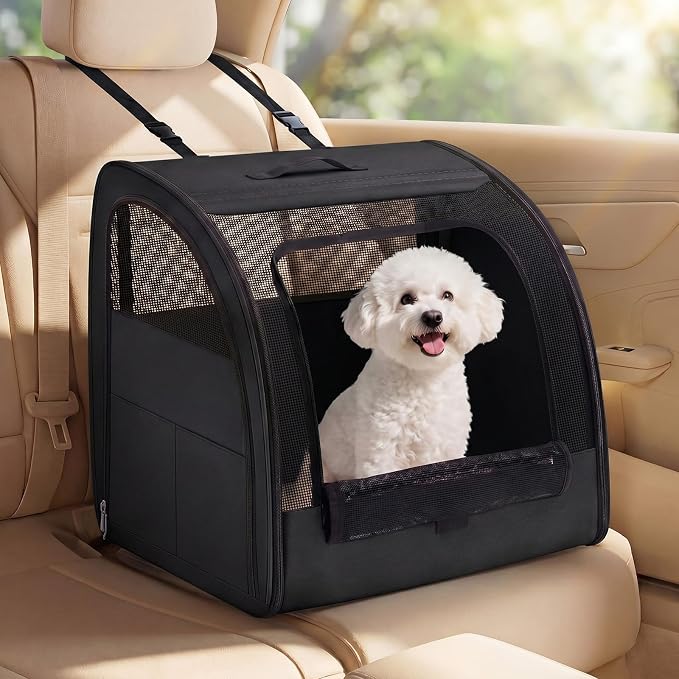 Dog Car Crate, Enclosed Foldable Cat Car Seat Carrier, 20x19x19.5in, Black | Portable Dog Cat Carrier with Seatbelt Attachment & Headrest Strap, Soft-sided Pet Kennel with Bed for Pet Travel up to 25 lb