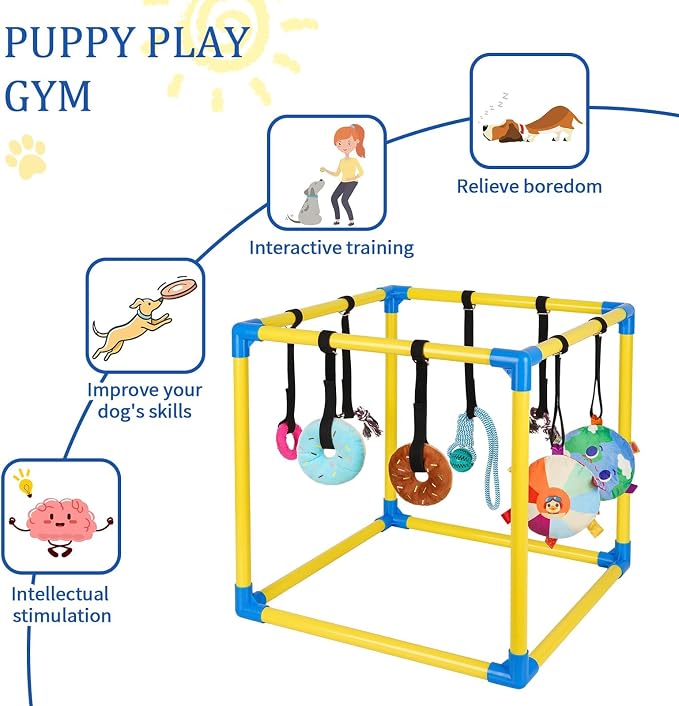 Liitrton Puppy Play Gym for Small Dogs with 8 Hanging Toys, Yellow | 19.5"x19.5"x19.5" PVC Frame, Indoor Puppy Jungle Gym with Interactive Puppies Toys