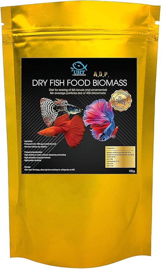 A.D.P. Biomass 100 g. Special High Protein 56.4% Tropical Fish Food Growth Fast Color Enhancer Guppy Betta Feed Slow Sinking Pellets 400 Microns for All Small to Medium Fish & Fry Newborn Fish Care