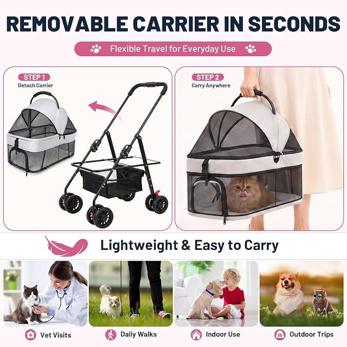 Dog Stroller for Small Dogs, Panoramic Mesh Pet Cat Stroller with Detachable Carrier, Foldable Pet Stroller up to 35 lb, with Safety Tether, Puppy Doggie Stroller for Medium Dogs 20 lbs Grey