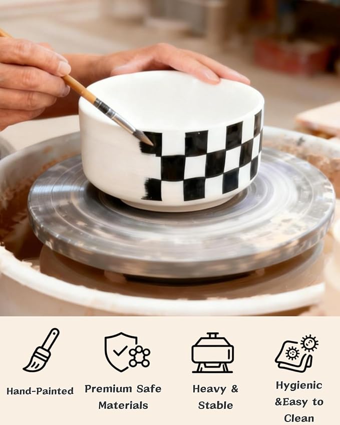 TRUVIC Ceramic Dog Bowl with Wood Stand, Black and White Striped Dog Food and Water Bowl, 2 Cup/14 oz Elevated Puppy Food Bowl for Medium Dogs, Dishwasher Safe, Modern Geometric, Striped