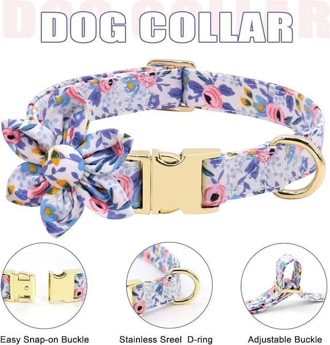Beirui Cute Dog Collars,Harnesses,Leashes Set, Floral Pattern, Blue,XS | Girl Dog Harness Set with Flower, Adjustable and Soft Mesh Lining, For Small Dogs Daily Walks