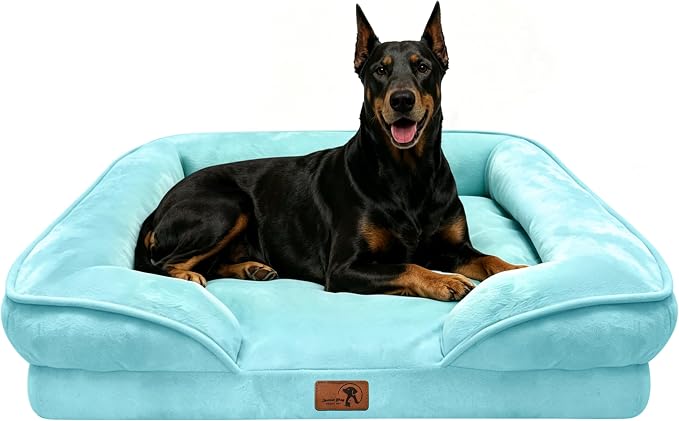 Spotted Play Orthopedic Dog Bed with Sides - Sofa Beds for Extra Large Dogs, Supportive Foam Pet Couch Bed with Washable Removable Cover, Waterproof Lining and Non-Slip Bottom, Ice Blue - XL-Plus
