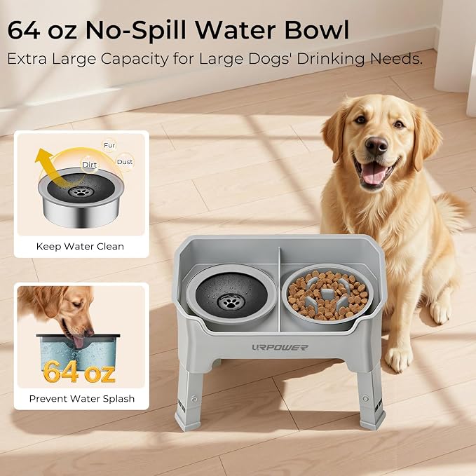 URPOWER Mess Proof Elevated Dog Bowls 4 Height Adjustable Raised Stand | No Spill Water Bowl, Slow Feeder Dog Bowls, Non-Slip Food and Water Bowl Set for Small, Medium & Large Dogs