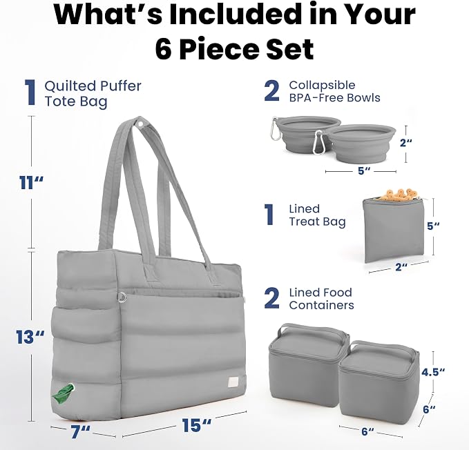 Puffer Dog Travel Bag for Dog Moms, Diaper Bag with Travel Bowls | 2 BPA-Free Collapsible Bowls, 2 Pet Food Containers, 9 Pockets, Everyday Puffer Bag Works With or Without Your Dog, Grey