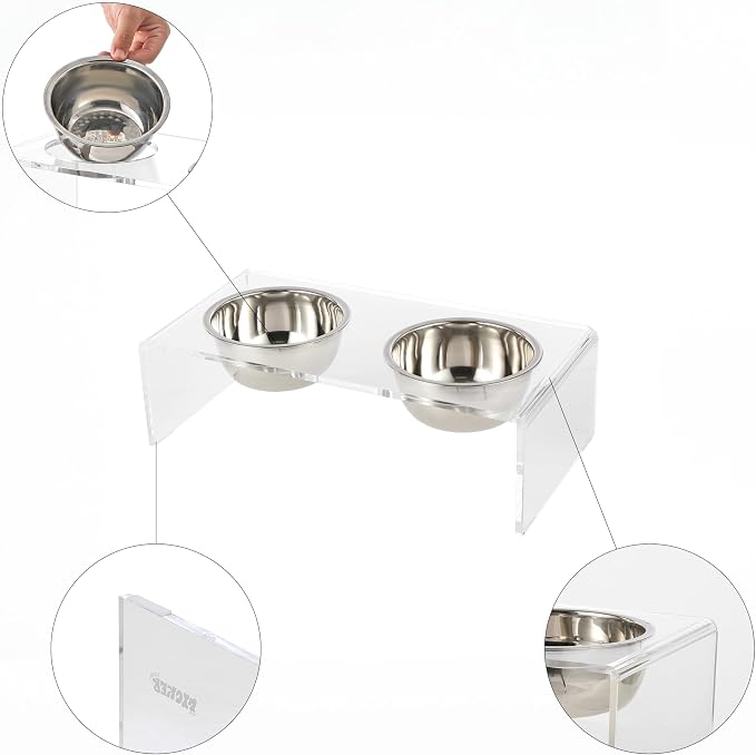 DBL2000A Keaton 5" Small/Medium Modern Lucite Rectangular Elevated Pet Feeder with 20oz 2-Stainless Steel Bowls, Clear/Chrome
