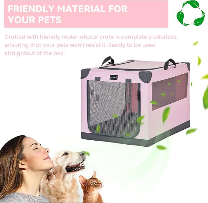 PETSFIT 30" Soft Portable Dog Crate – Patented Spiral Sturdy Frame, Collapsible Travel Kennel for Medium Dogs, 3 Mesh Door, Lockable Zippers, Indoor & Car Use Pink
