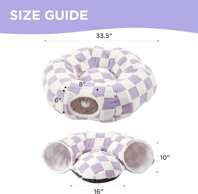 Lesure Donut Cute Jacquard Cat Tunnel Bed Kitten Toys for Puppy Bunny | 33.5x33.5x10in,Round Cat Bed Tube for Indoor Cats Rabbit Dog,Pet Peekaboo Cave Toy,Spiral Hideaway,Washable Cushion,Lavender